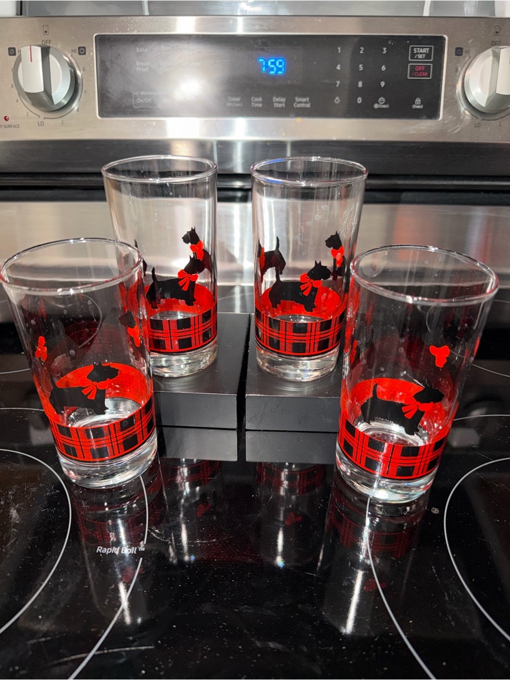 Set of 4 Vintage Anchor Hocking “Fitz” Red Plaid Scotty Dog Drinking Glasses